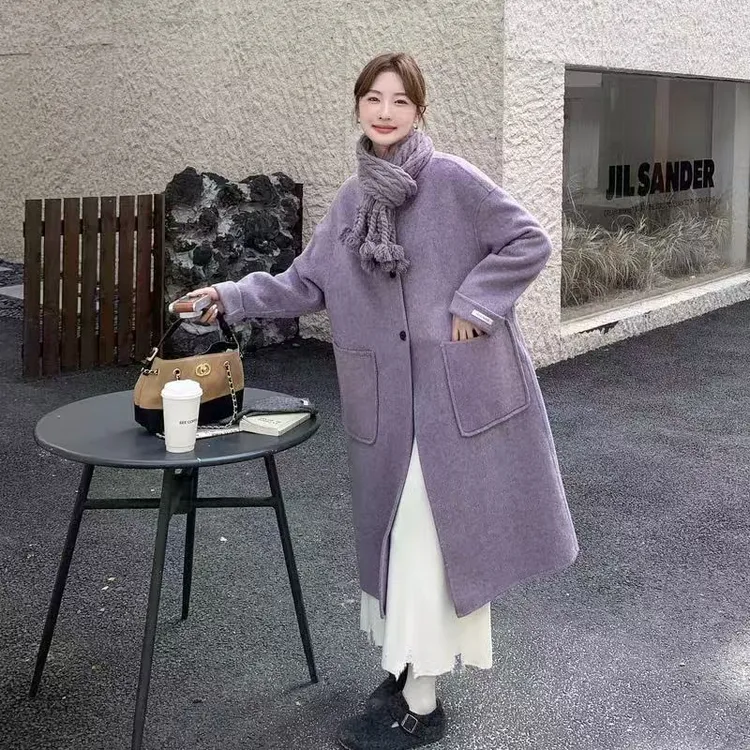 盺一强推长款甜美秋冬手工缝制女士羊毛大衣