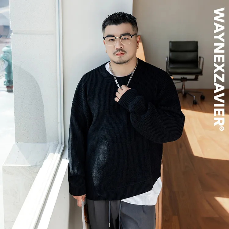 韦恩泽维尔加大宽松大码冬男圆领撞色假两件不规则下摆毛衣9271