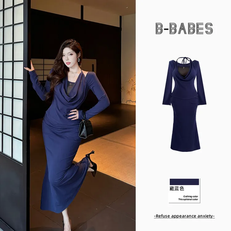 B-babes【蓝调序】大码性感辣妹挂脖荡领假两件修身收腰显瘦包臀裙