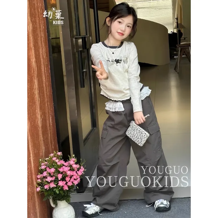 2025女童秋季新款套装洋气蝴蝶结长袖上衣花边工装裤女宝宝两件套
