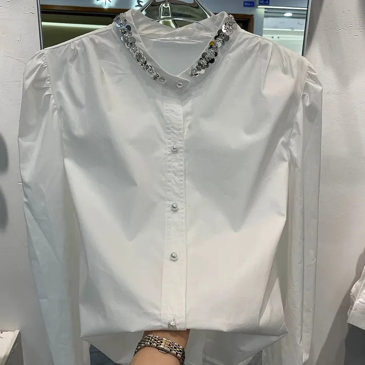 秋季新款法式亮片时尚减龄宽松单排扣气质长袖衬衫上衣女