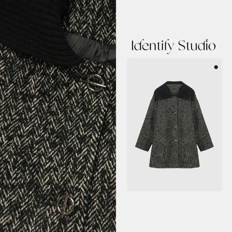 IDENTIFY冬季中长款气质老钱羊毛拼接翻领外套25AWSS1213025