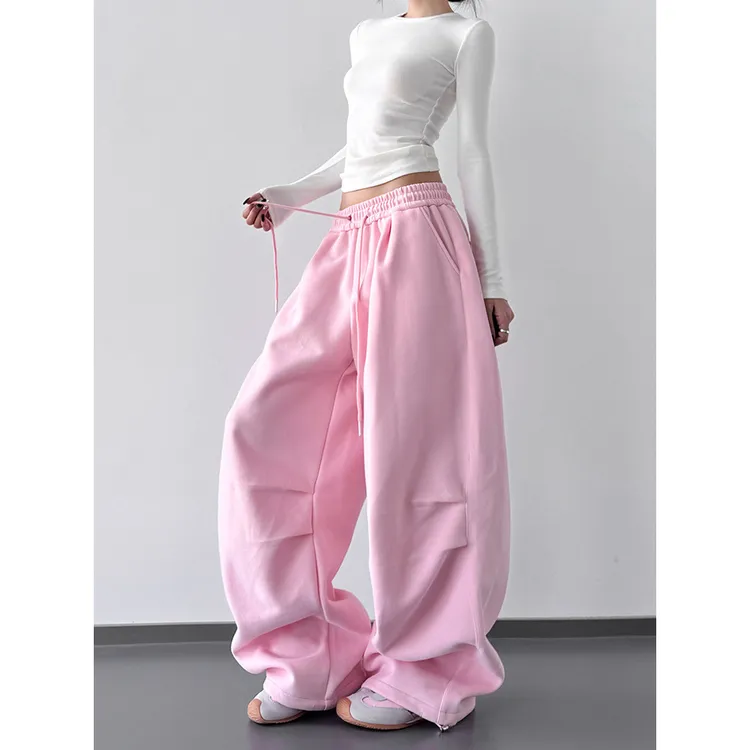粉色少女运动裤女2025春秋季新款网红爆款韩系chic穿搭阔腿休闲裤