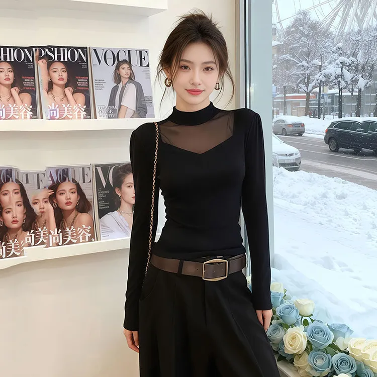 大码性感黑色网纱假两件长袖t恤秋冬磨毛保暖内搭打底衫加绒上衣