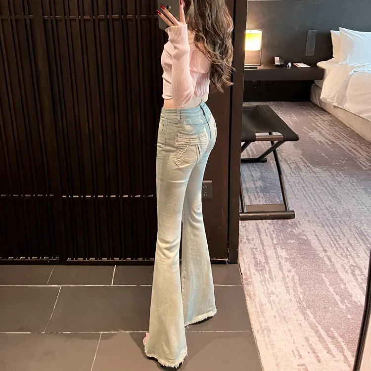 浅蓝蝴蝶结高腰微喇牛仔裤女2025秋季新款显瘦时尚设计感百搭毛边