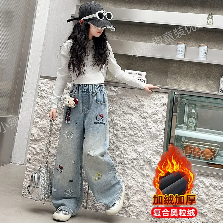 女童牛仔裤秋冬季爆款中大童女孩6-12岁潮款直筒加绒加厚保暖裤子