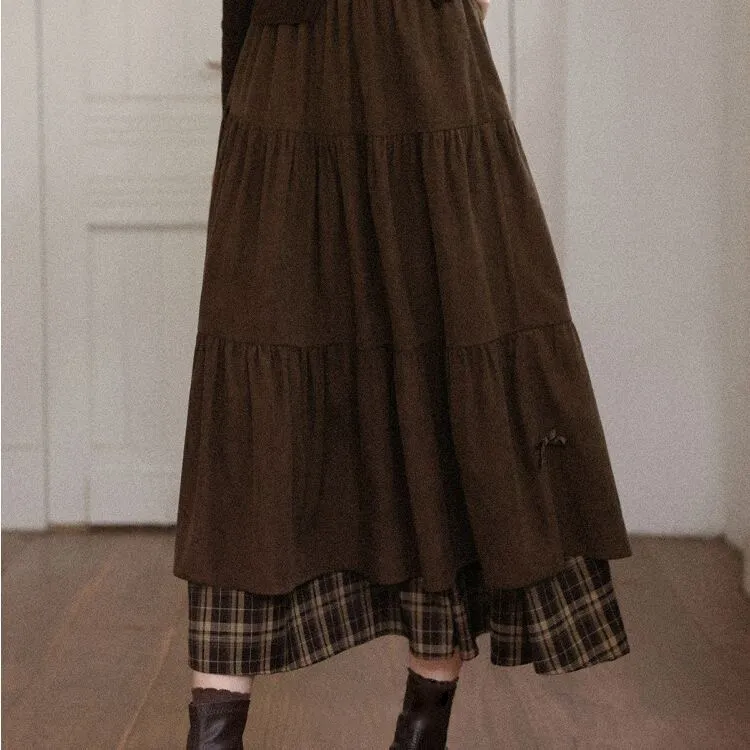 灯芯绒拼接格纹长款半裙2025秋冬加厚日系高腰显瘦蝴蝶结A字长裙