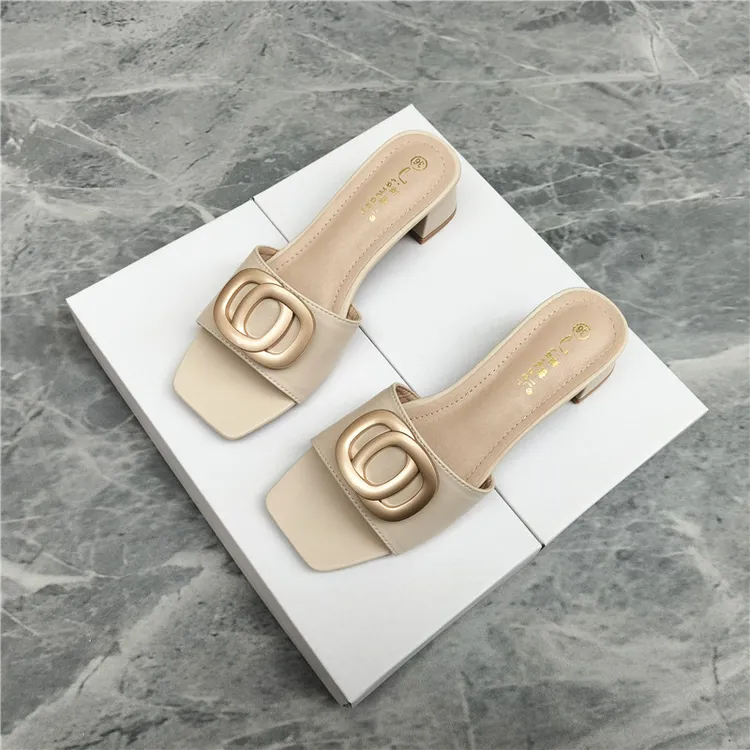 露趾一字拖鞋女2025夏季新款百搭粗跟中跟时尚舒适外穿性感凉拖鞋