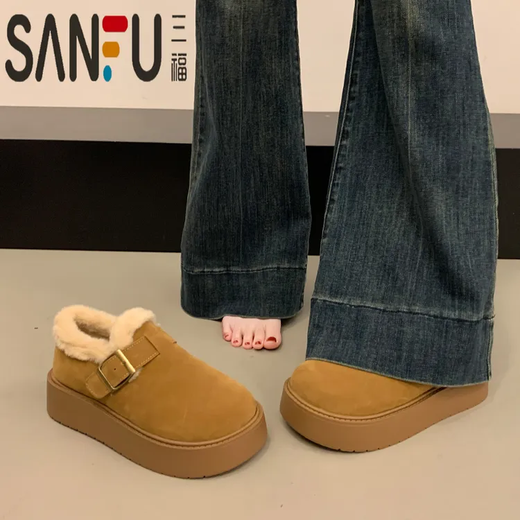三福厚底加绒勃肯鞋女2025秋冬新款外穿毛毛面包鞋保暖棉鞋雪地靴
