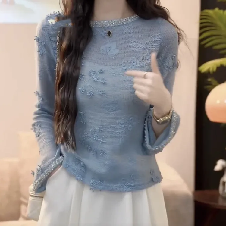 【茶语山樱】温柔风减龄气质镂空钉钻显瘦针织衫