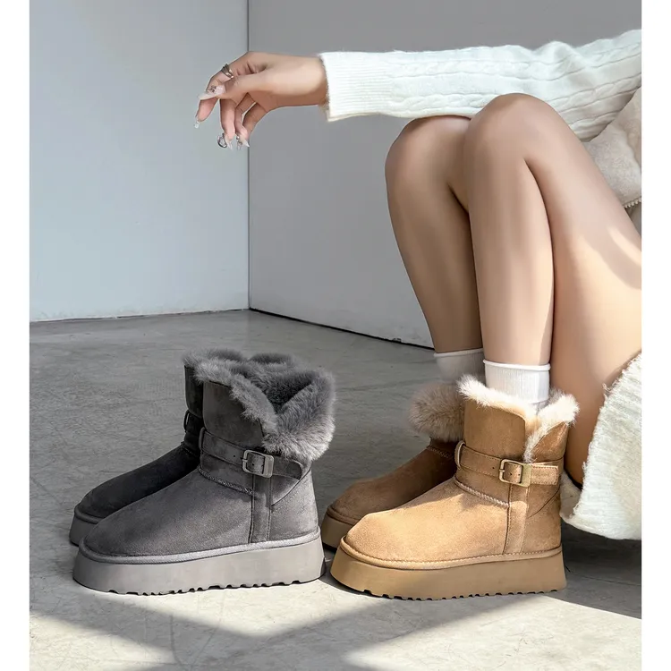 Kmeizu经典百搭~2/4cm厚底短靴女冬两穿雪地靴东北加绒大棉毛毛鞋