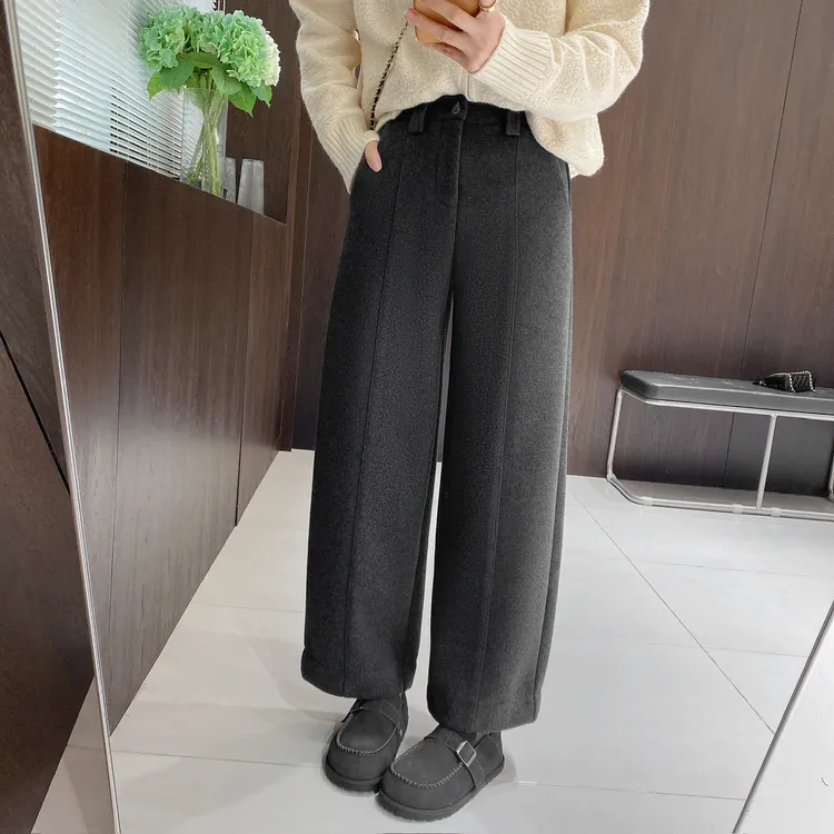 IMFLY金小金自制女装 加绒休闲裤DYK2923冬季九分阔腿毛呢裤