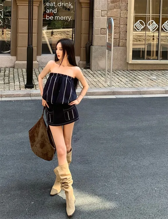 设计感复古气质辣妹撞色线收腰抹胸短款连衣裙显瘦黑色洋气#22730