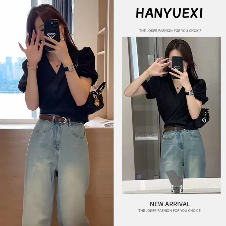 今年流行穿搭一整套2025新款夏季显瘦减龄短袖上衣宽松牛仔裤套装