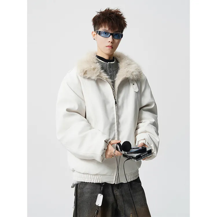 白色毛领棉衣外套男款冬季加厚保暖抗寒棉服美式复古宽松立领棉袄