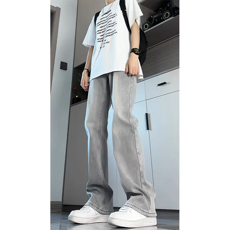 烟灰水泥色加绒牛仔裤男款秋冬季美式高街裤子潮牌弹力渐变微喇裤