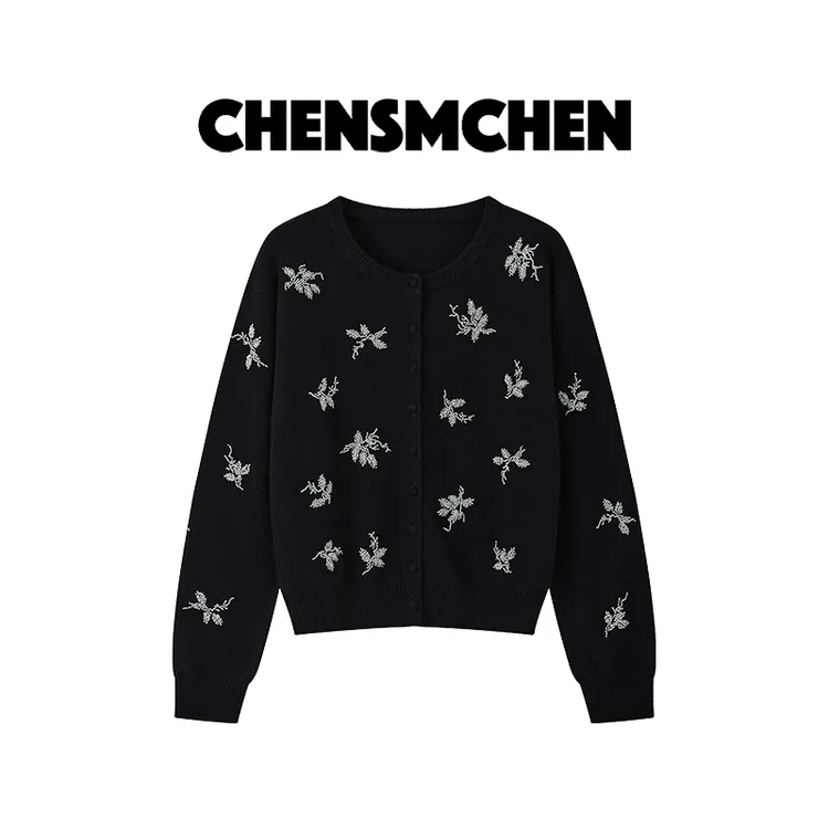 CHENSMCHEN 100%绵羊毛钉珠针织衫女装秋冬时尚开衫毛衣CSZ8027QQ