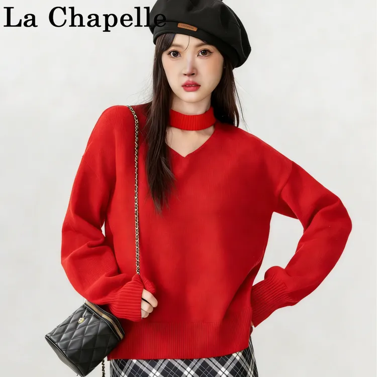 2026马年新款本命年红色毛衣女显瘦镂空挂脖针织打底衫红色系穿搭