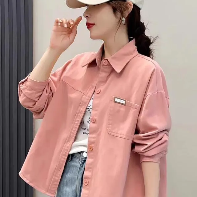 2025秋冬新款粉色磨毛短款外套女宽松休闲百搭设计感小众衬衫潮新