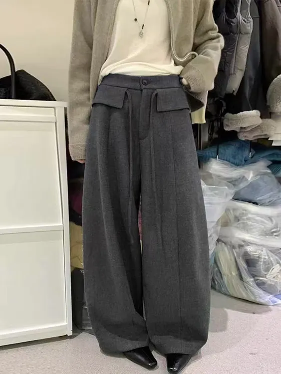 新款时尚洋气百搭阔腿裤毛呢加绒裤子新款时尚洋气百搭女装休闲裤