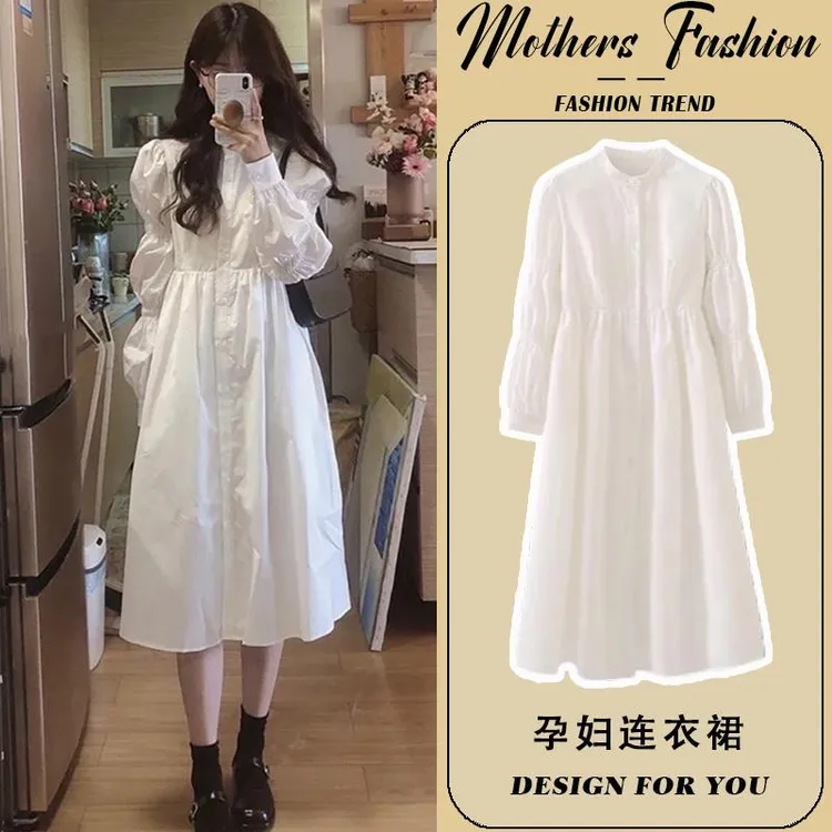 孕妇连衣裙春秋2025新款白色法式气质衬衫裙长袖清新温柔风中长款