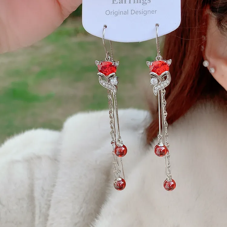 萃姿妍 925银耳饰 紫色小狐狸流苏纯银耳环可爱百搭手工纯银耳饰