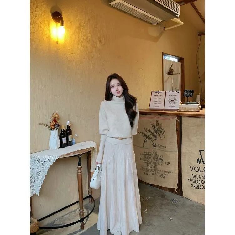 冬季时尚高级慵懒感显瘦气质针织三件套+半身裙+腰带三件套装