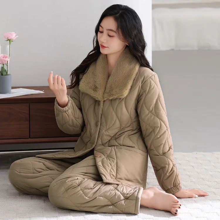 睡衣女款2025新款冬季三层加厚羽绒防水夹棉珊瑚绒加绒保暖家居服