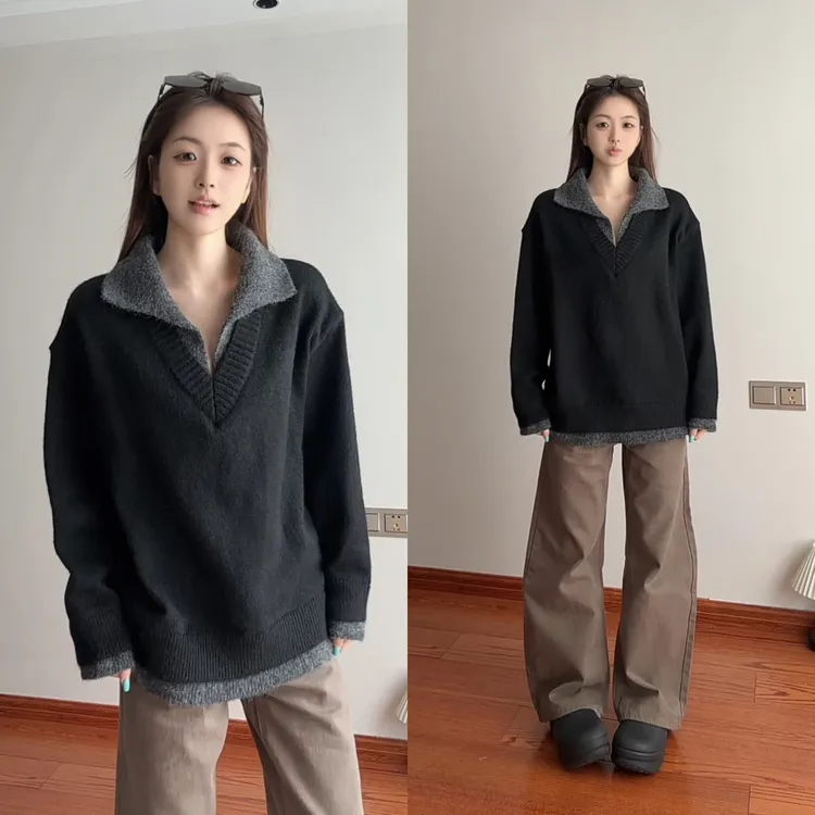 复古假两件衬衫领毛衣男韩系潮牌高级感老钱风保暖针织衫慵懒外套