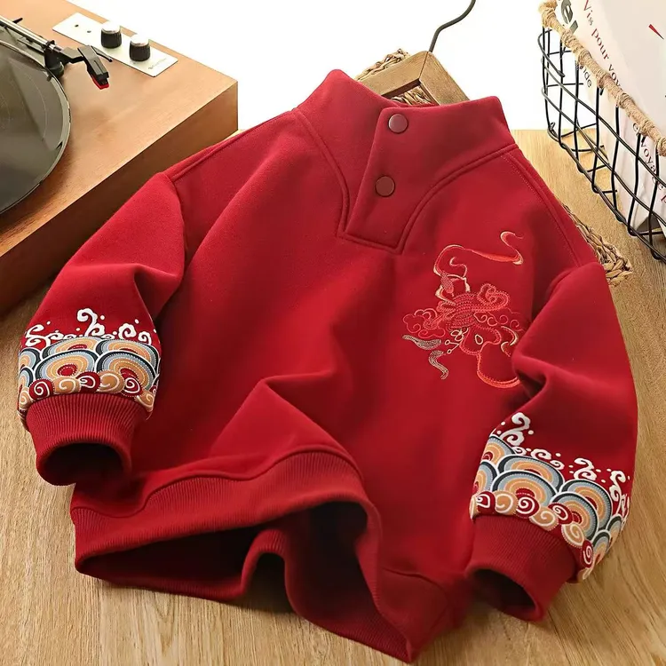 【本命年】男童红色卫衣冬季2025新款中大童加绒加厚儿童新年拜年服