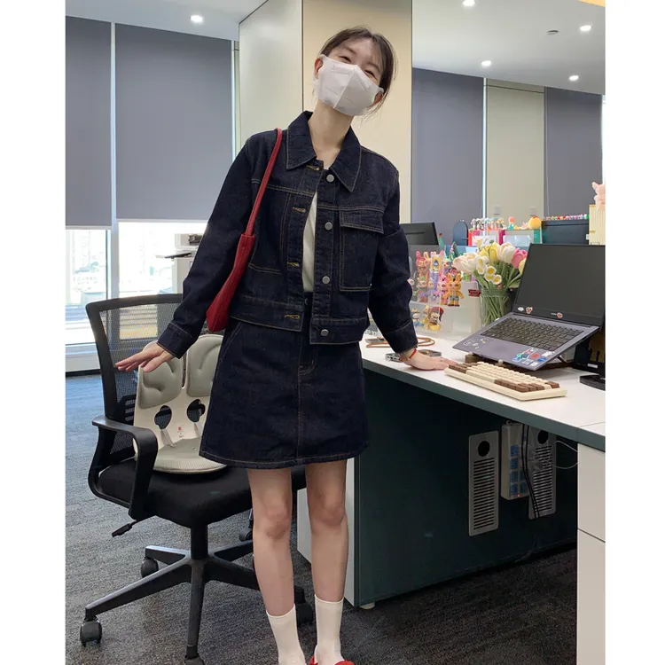 时髦复古丹宁回潮套装春秋新款高品质牛仔外套女A字半身裙两件套