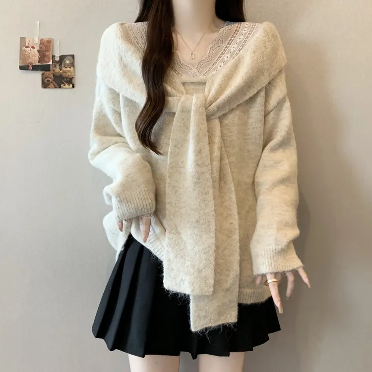 蕾丝海军领披肩正肩针织毛衣女2025早秋大码胖mm遮肚子假两件上衣