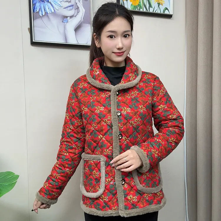 宽松型常规方领碎花中老年女装格子纽扣轻职风
