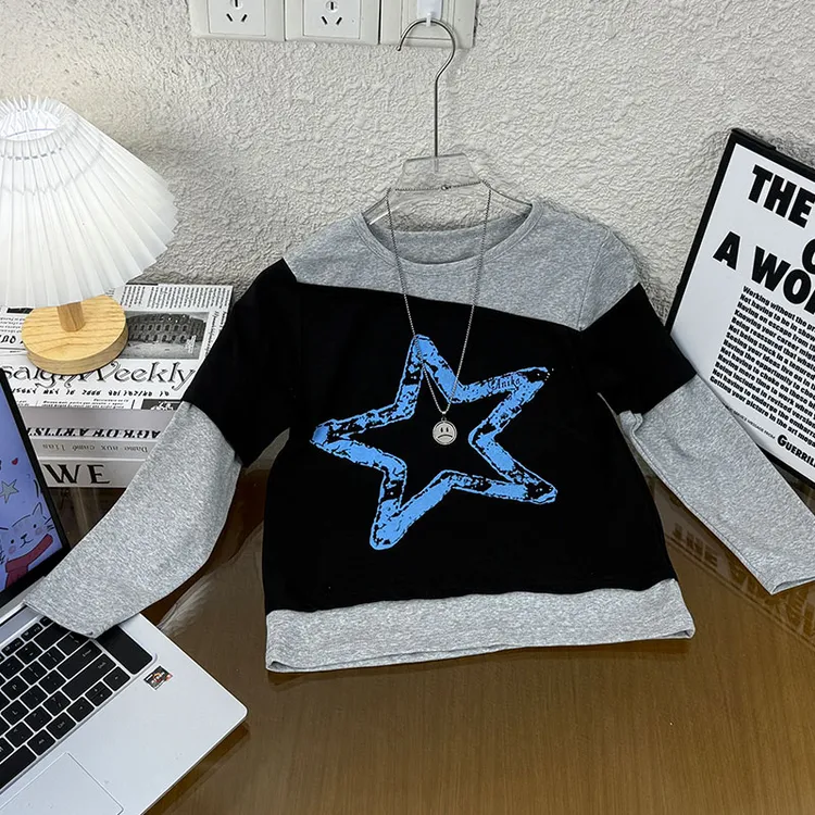 女童假两件打底衫春秋装2025新款儿童休闲上衣韩版中大童长袖T恤