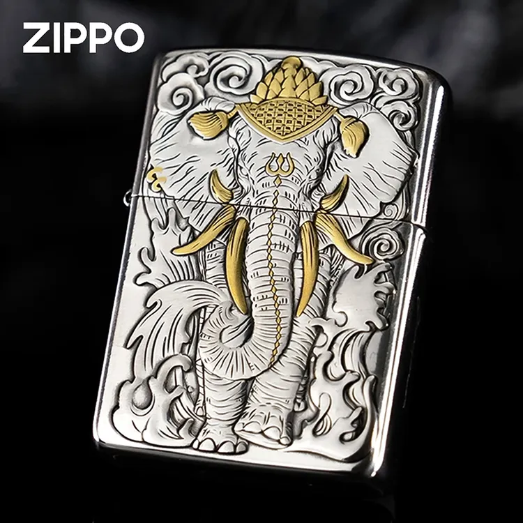 ZIPPO/之宝打火机镀银镀金色六牙象王立体浮雕盔甲防风送男士礼物