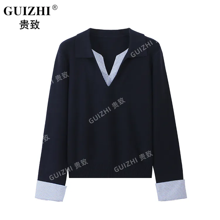 设计感假两件撞色拼接条纹针织衫女早秋新款小众显瘦V领长袖上衣