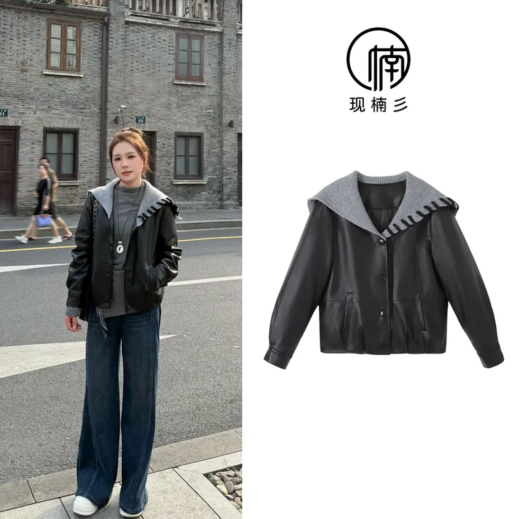 NANJIE/楠姐【特律街区】冬季休闲百搭皮衣毛针织领夹羽绒外套N2398