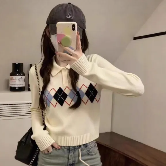 2025时尚设计感百搭气质秋季新款女装休闲学院风菱格短袖衫