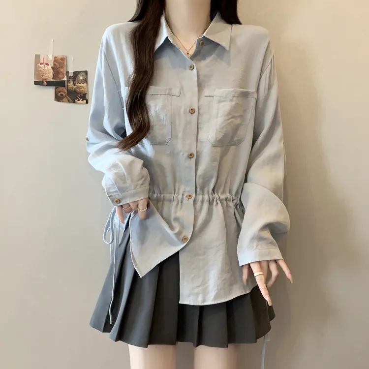 大码女装韩版遮肚子POLO领抽绳衬衫女春秋胖妹妹宽松显瘦长袖上衣