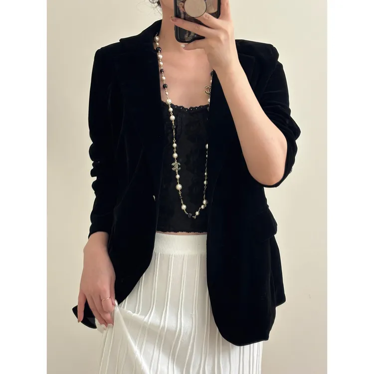 韩版黑色丝绒一粒扣西装外套女2025春秋新款小个子高级感气质西服