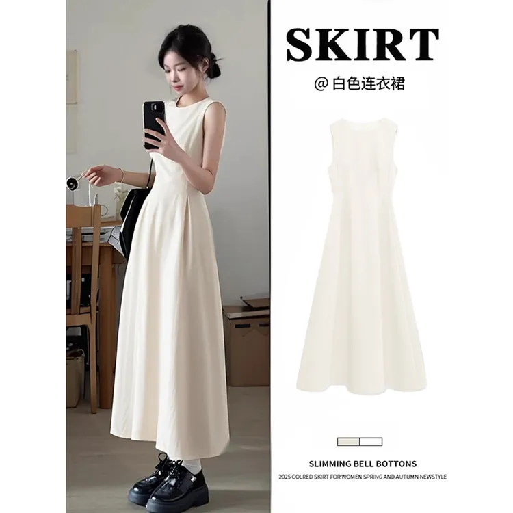 白色绝美赫本风长裙无袖掐腰连衣裙女白月光初恋长款小白夏日穿搭