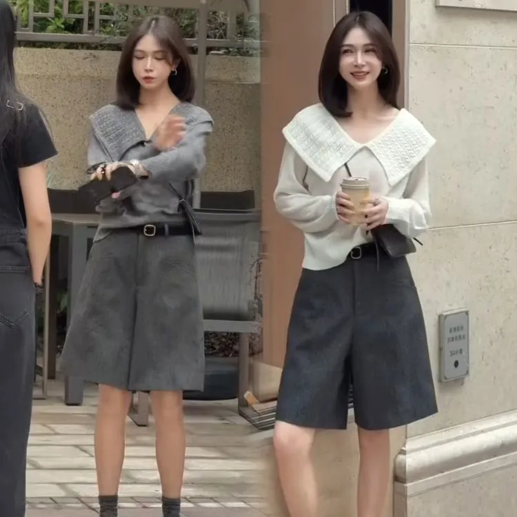 翻领甜美设计新款纯色简洁减龄娃娃毛衣开衫高腰阔腿五分裤两件套