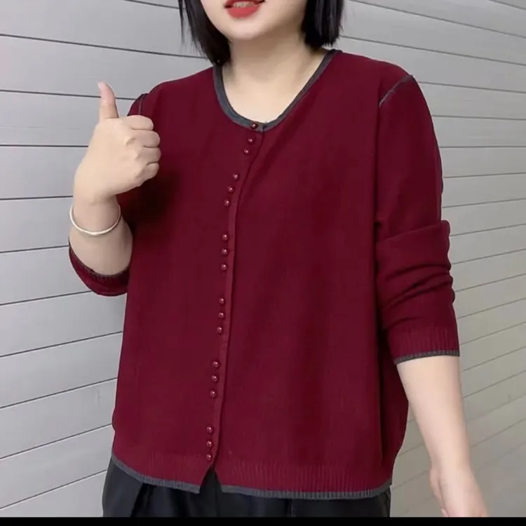 7422大码秋季时尚撞色双扣针织开衫