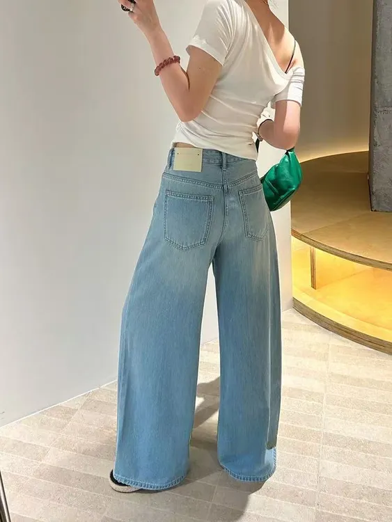 春秋新款泼墨油漆高腰显瘦浅蓝色时髦好看阔腿牛仔裤气质百搭裤子