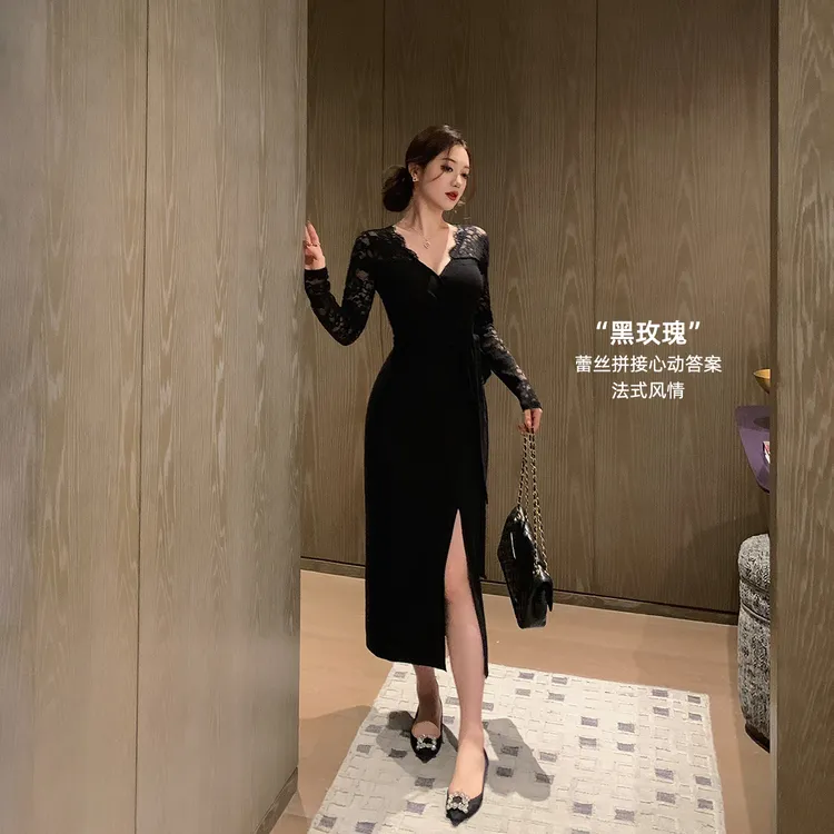 林关关【黑玫瑰】蕾丝V领收腰包臀黑色连衣裙秋季气质显瘦百搭长裙