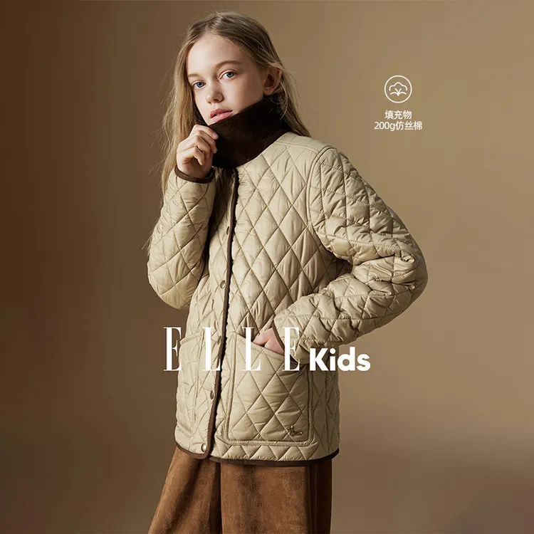 ELLE KIDS童装 复古撞色灯芯绒翻领绗格棉服女童冬新款气质外套N1