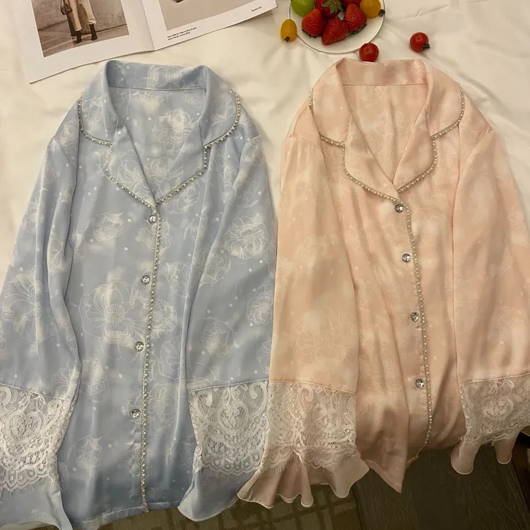 女士轻奢高级感冰丝蕾丝开衫长裤夏季睡衣家居服套装