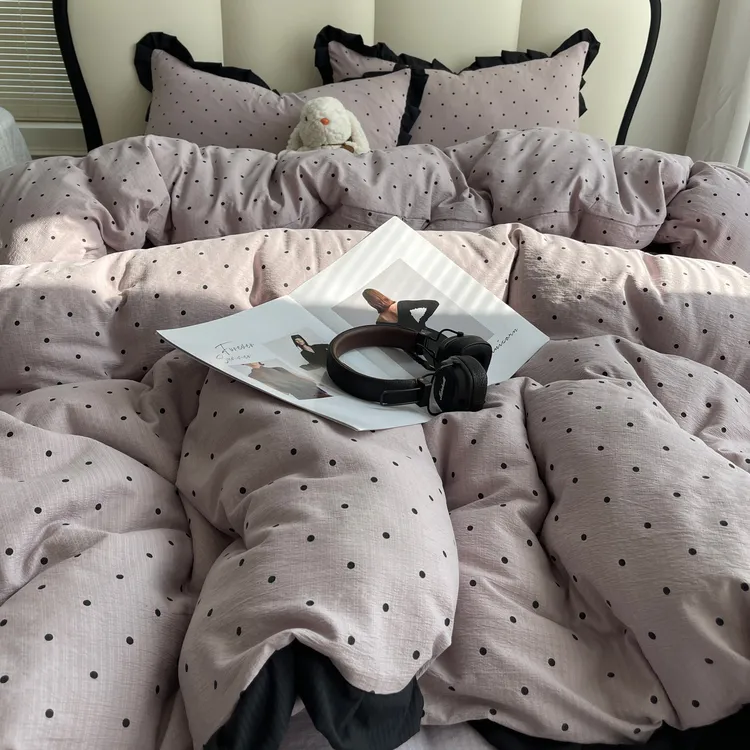 紫色韩系风双层纱花边床单被套三件套单人床上用品床笠柔软四件套