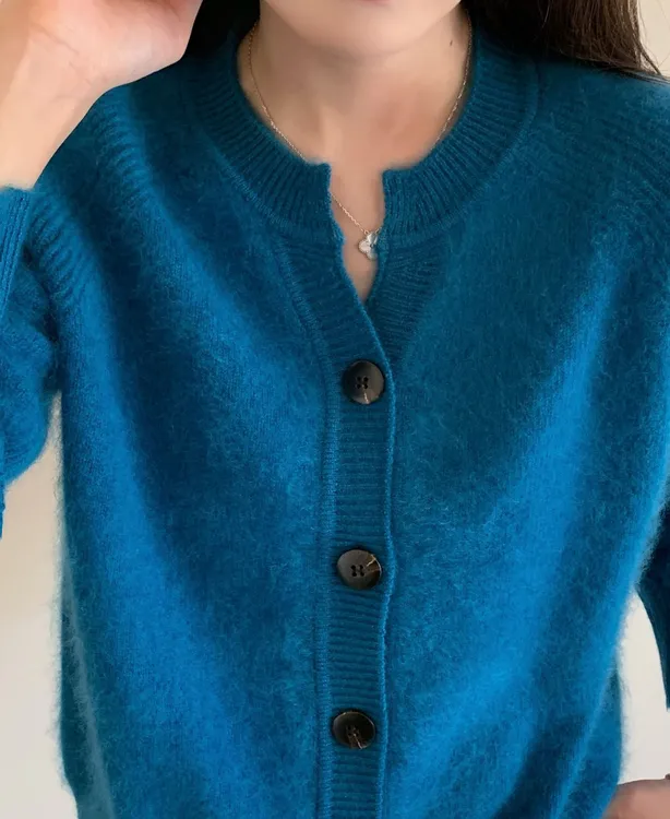 之和同款加厚羊绒拉绒开衫女V领时尚优雅针织开衫小香风开衫-1030
