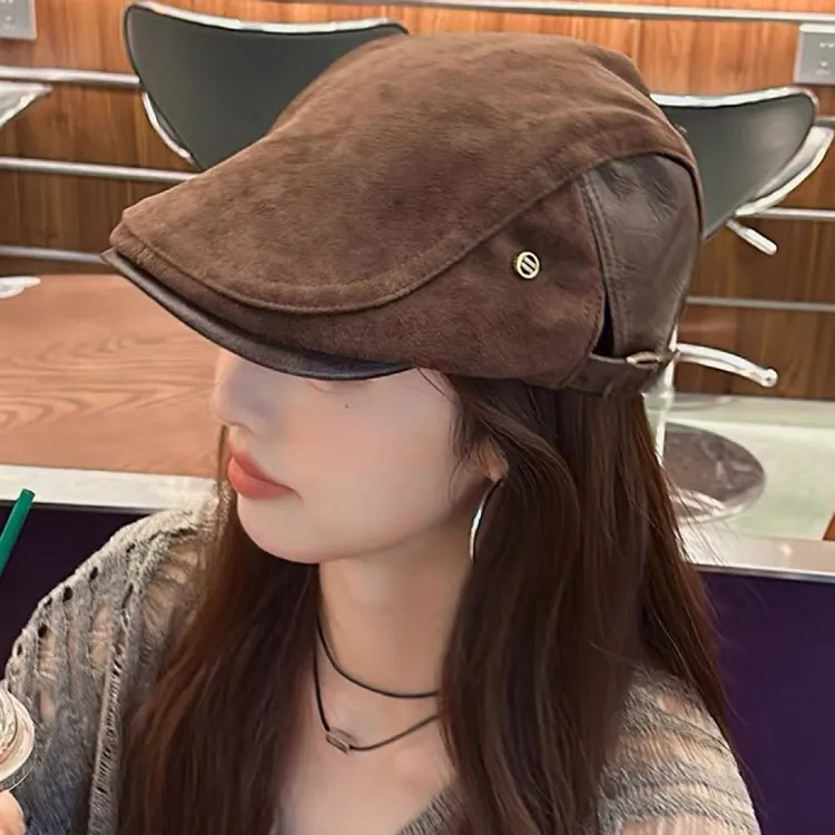 秋冬季老钱风皮革前进帽子女气质复古麂皮绒鸭舌帽文艺百搭报童帽